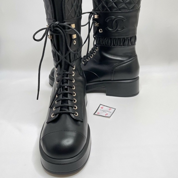 ❌❌SOLD Chanel NIB Black Flying Combat Military Lace Up Leather CC Logo Boots - Picture 3 of 13